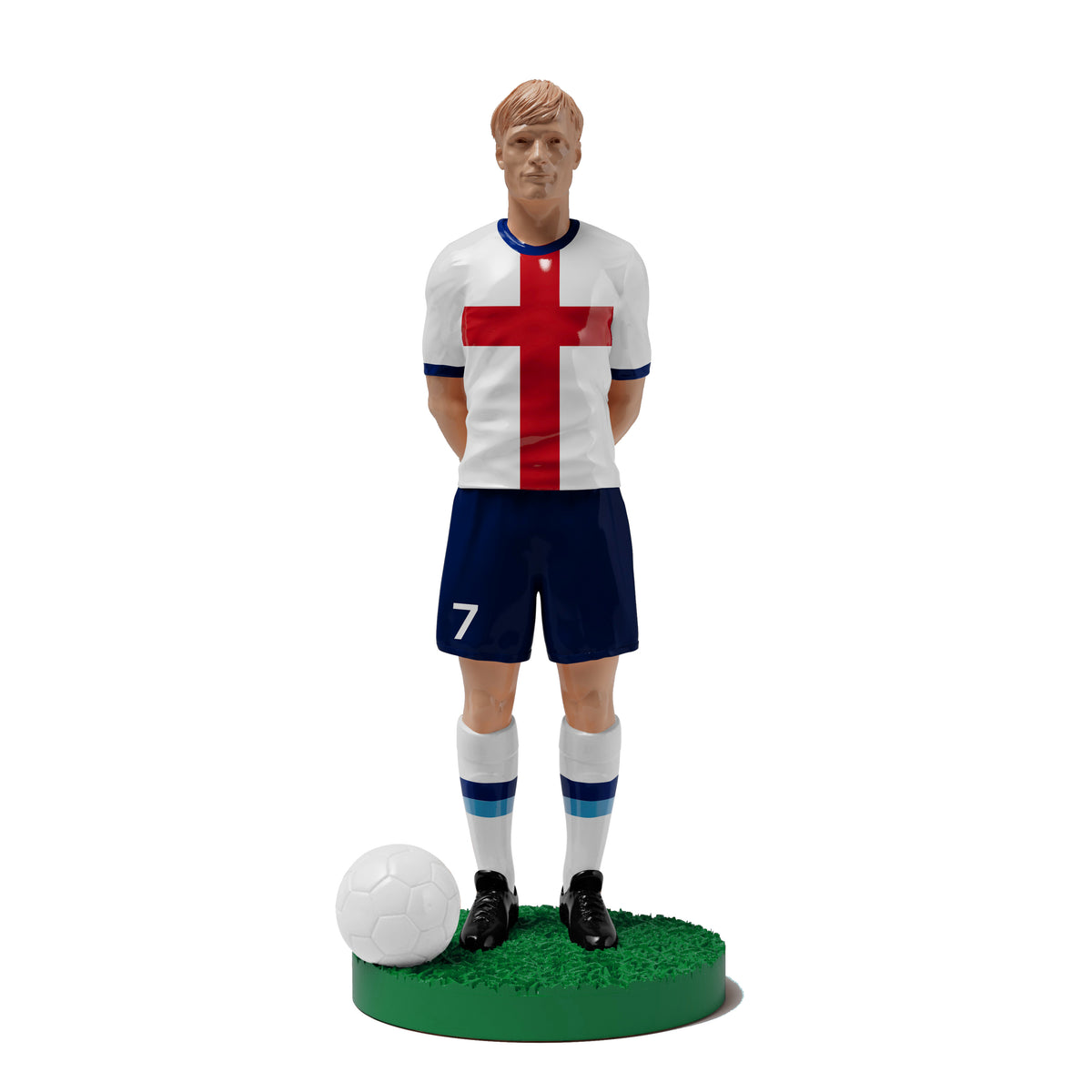 Figurine de collection Match Day FC équipe d'Angleterre (n°7), maillot blanc à la croix de Saint-Georges, vue de face.