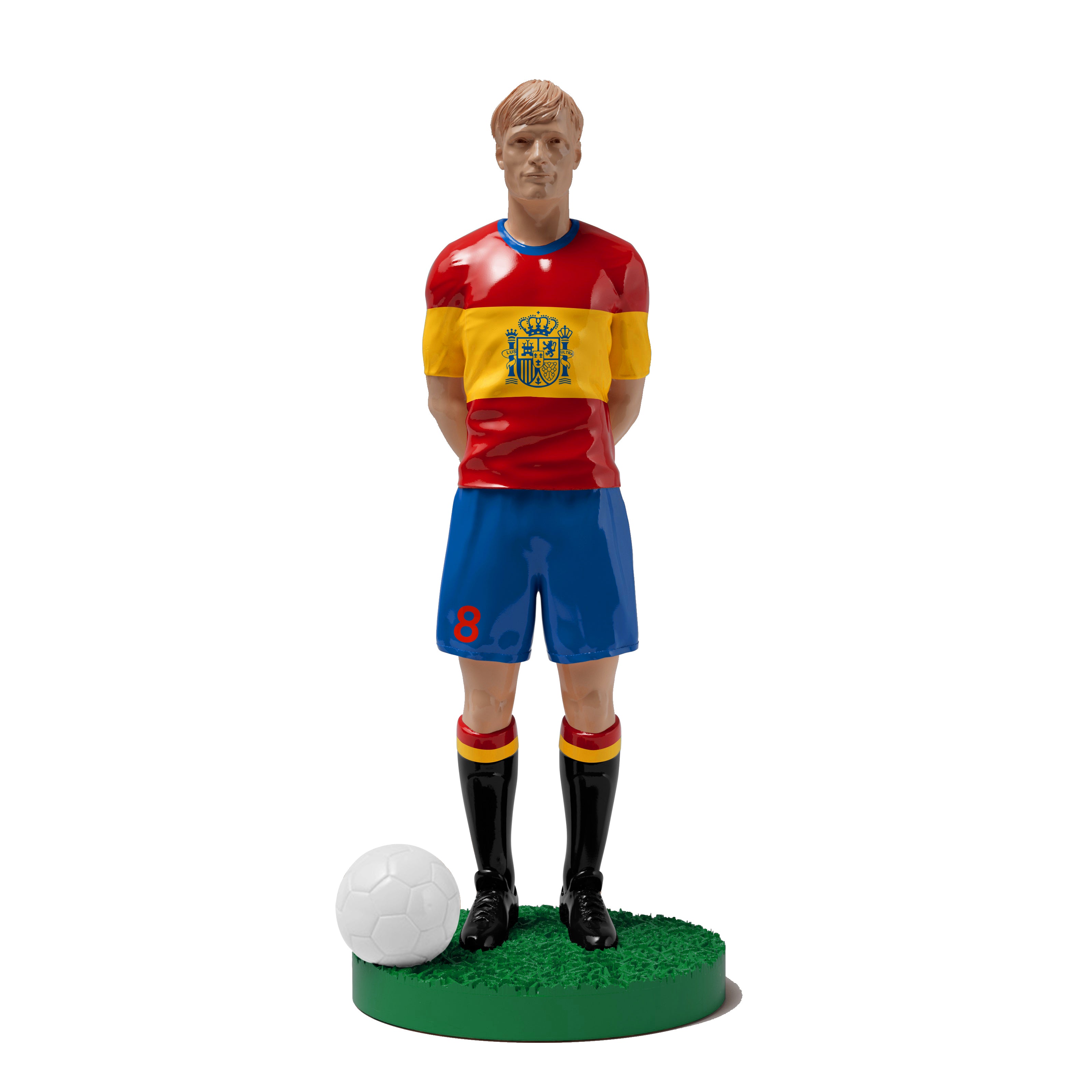 Figurine de collection Match Day FC équipe d'Espagne, maillot rouge et jaune au blason, vue de face.
