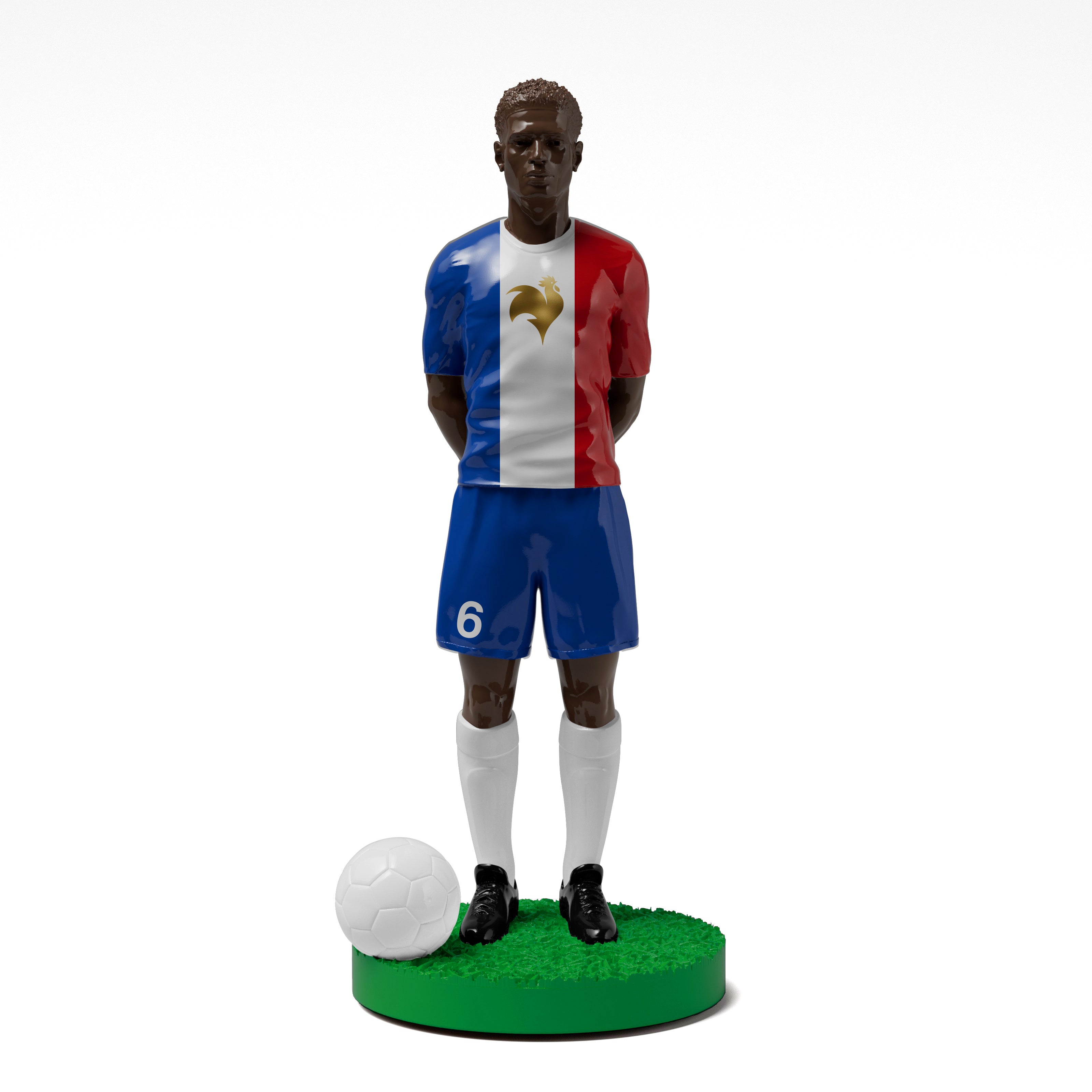 Figurine de collection Match Day FC équipe de France (n°6), maillot bleu blanc rouge au coq doré, vue de face.