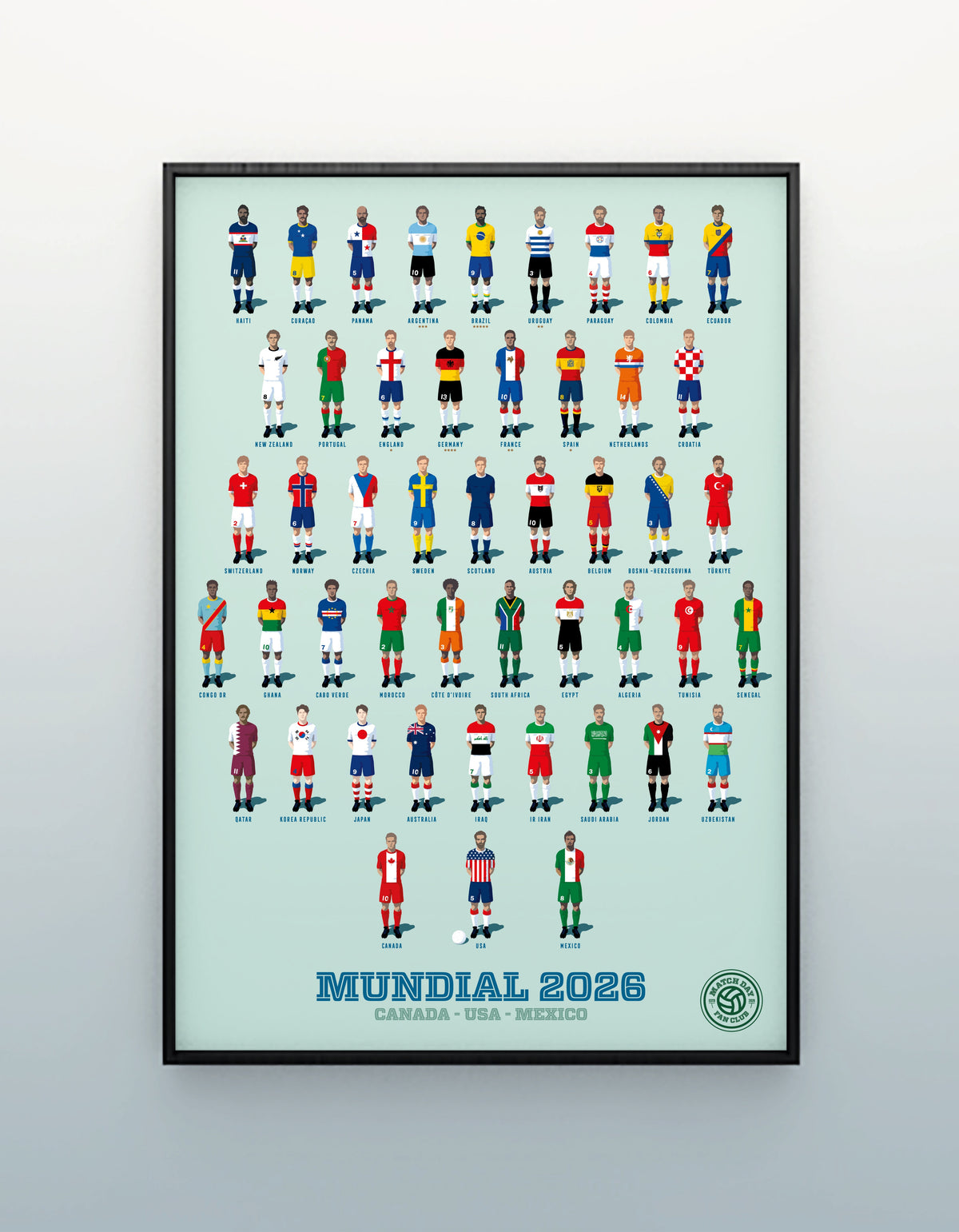 Poster Match Day FC Mundial 2026, les 48 sélections qualifiées pour la Coupe du monde, format 50x70 cm.